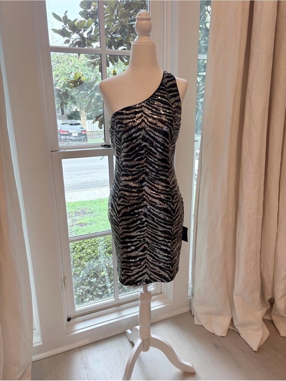 Lulu's One-Shoulder Zebra Sequin Mini Dress - Black & Silver